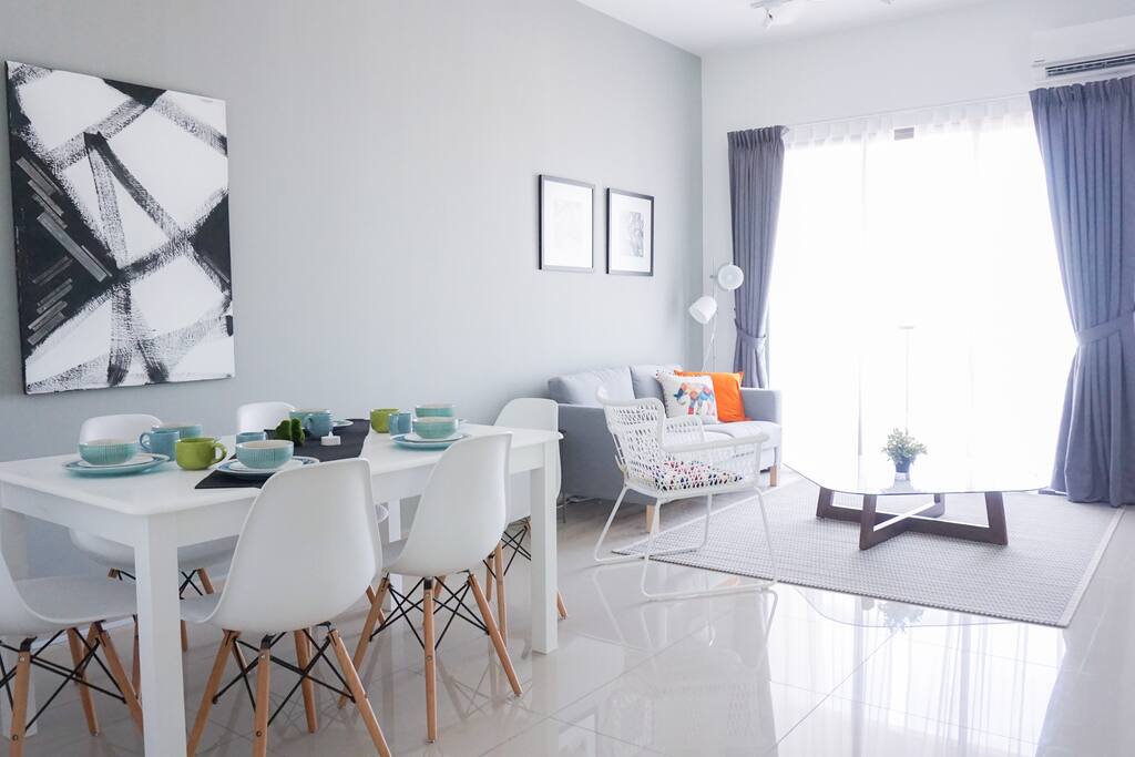 Living Room with Dining Table and Chairs, Coffee Table and Couch