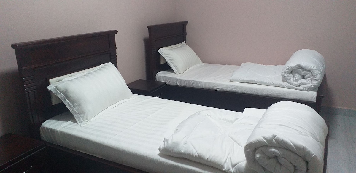The room features two separate beds positioned parallel to each other, each with neatly arranged white linens and fluffy white blankets. Dark wooden headboards add a classic touch, while a soft pink wall creates a calming backdrop.