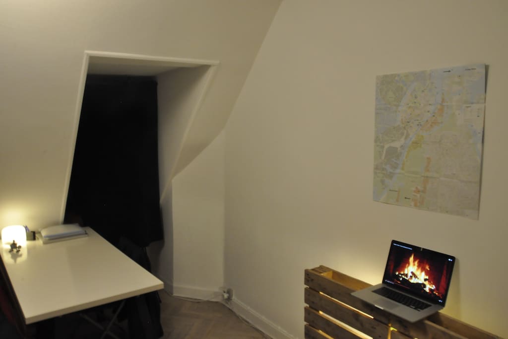 Desk map of Copenhagen and fake firplace