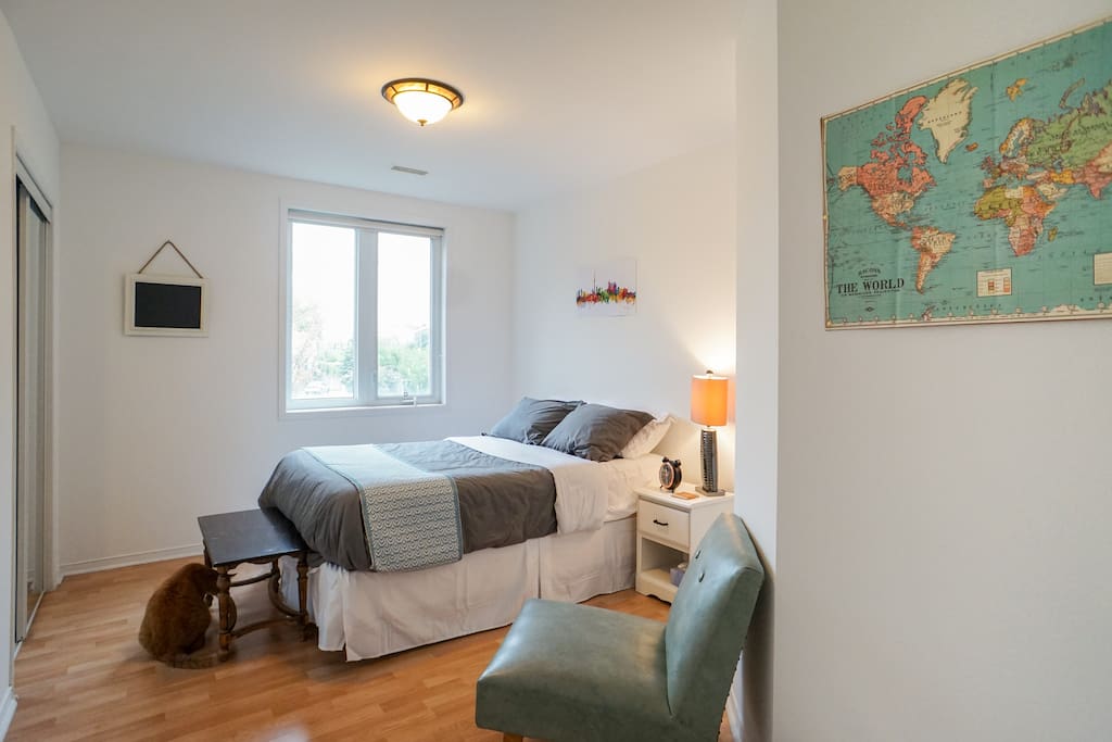 Our spacious room includes: end of bed table for luggage, a mid-century style chair, a monarch side table, plenty of closet space and strong wi-fi connection
