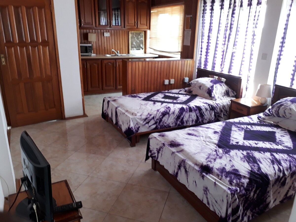 A room features two beds with patterned bedding in shades of purple. A kitchenette with wood paneling is visible in the background, along with a window adorned with patterned curtains. A television is positioned on a wooden stand near the beds.
