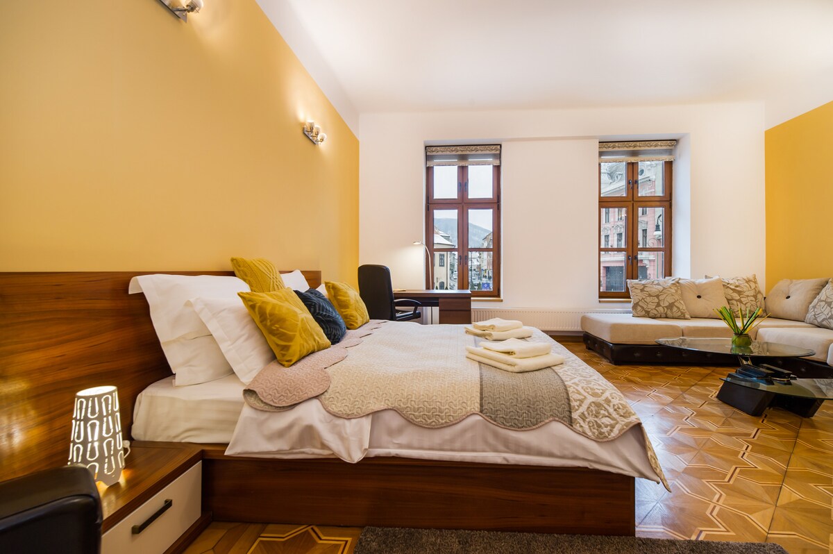 充足的自然光线从大窗户照射进来，还可以俯瞰议会广场和坦帕山脉的壮丽景色