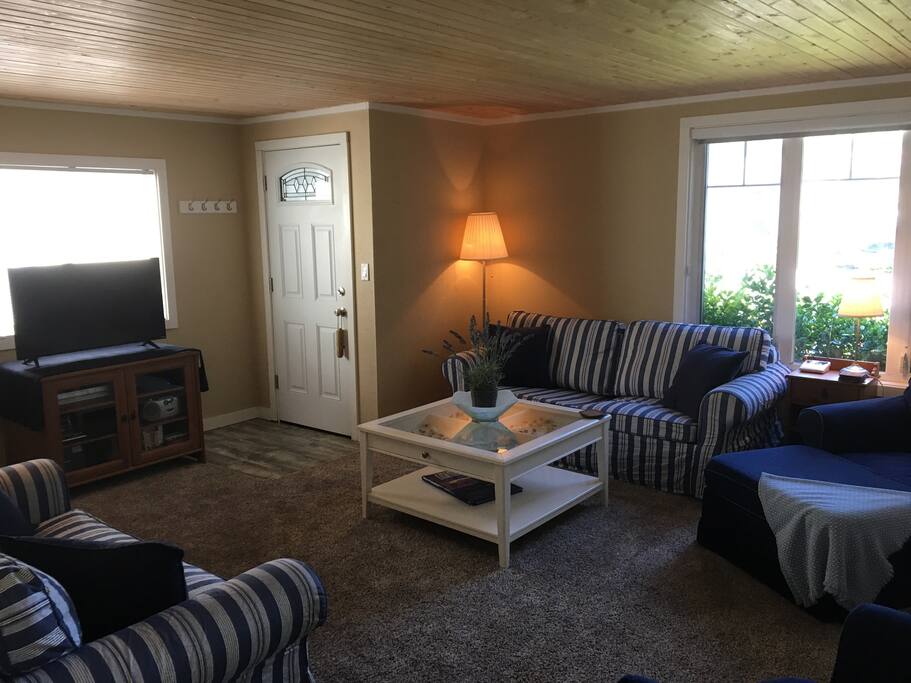Spacious, cozy living room with sofa-bed and warm fire/heater.