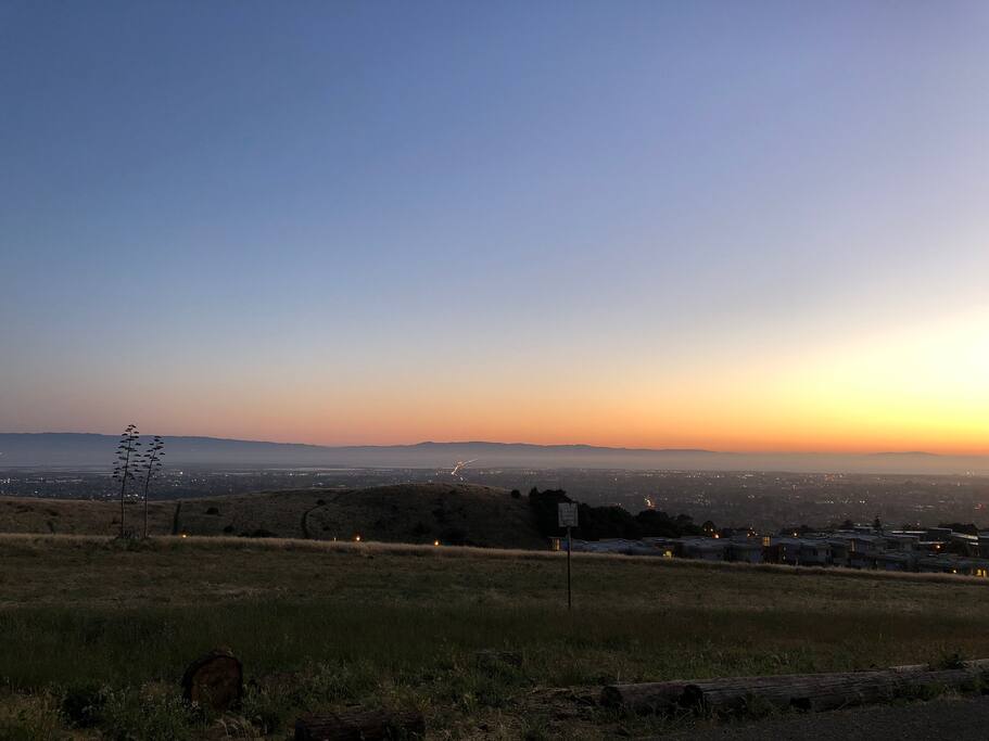 Sunset view of San Mateo bridge and Bay