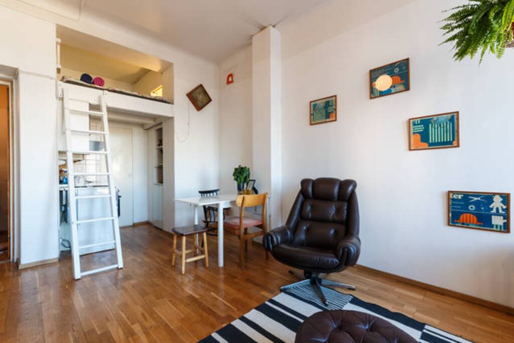 Typical loft bed in old studio apartments in Helsinki