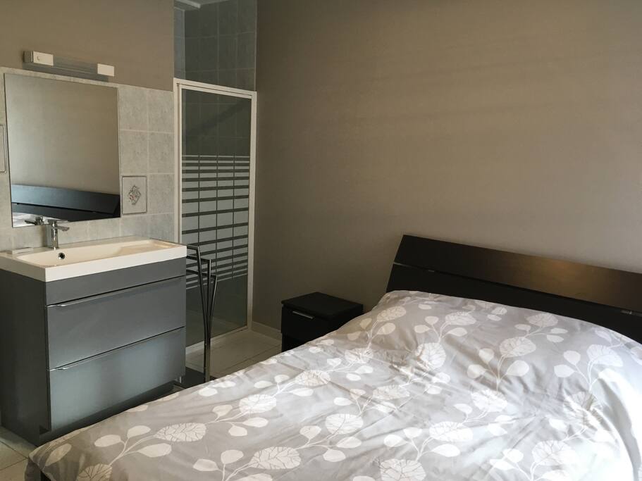 Chambre avec douche et lavabo