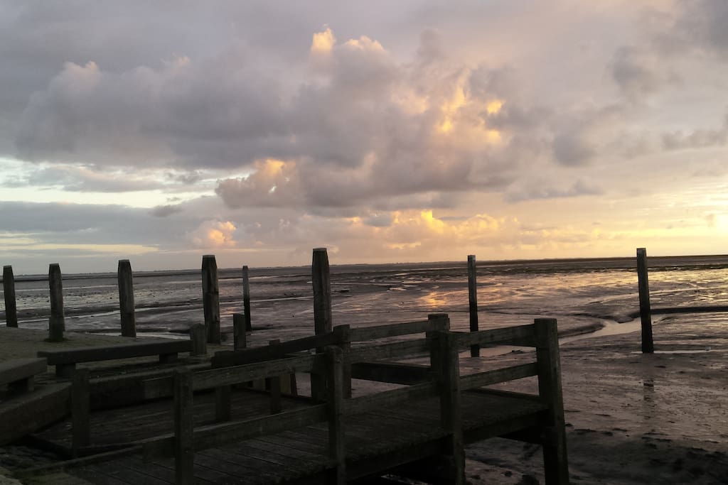 Uitzicht vanuit de jachthaven van Schiermonnikoog bij laag water.