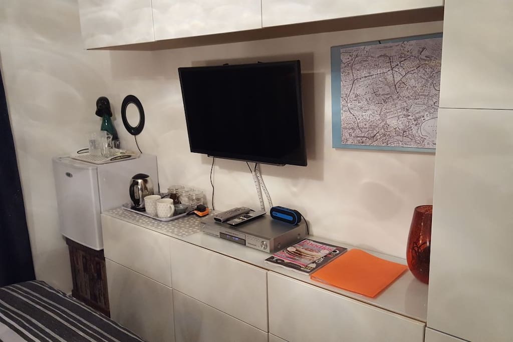 a fridge and tea and coffee facilities supplied by host. Smart tv has freeview, netflix