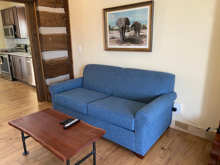 Obývačka s pôvodnou drevenou stenou