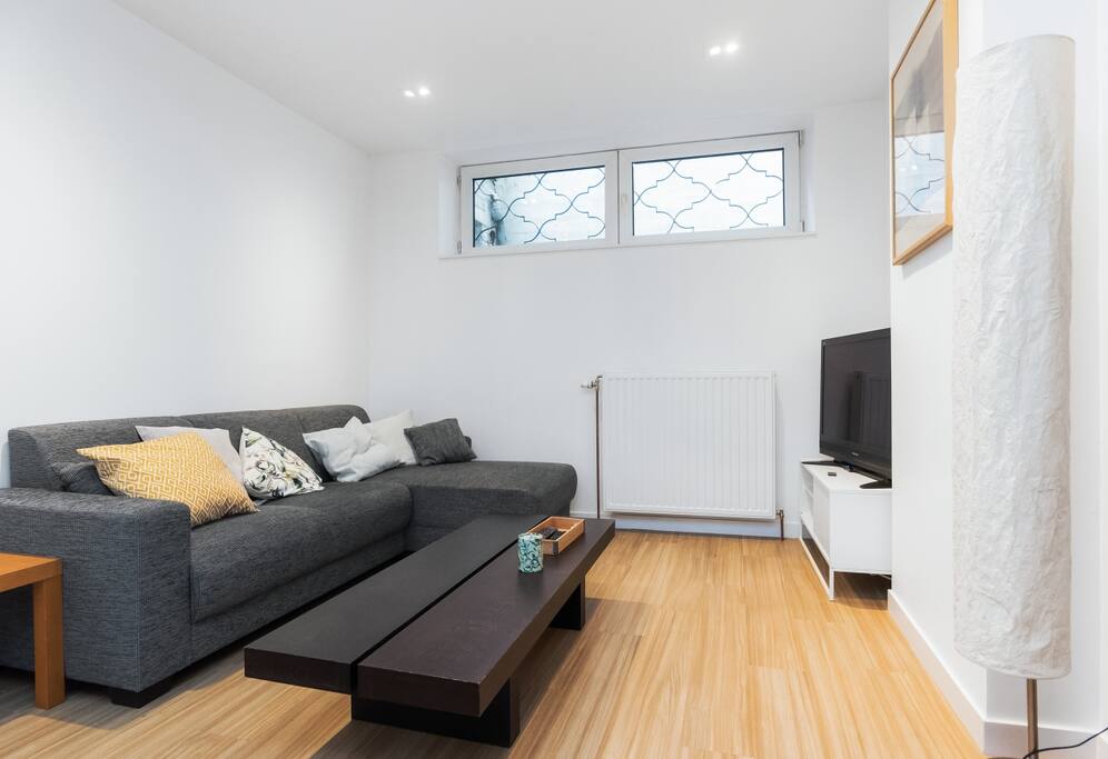 Living room with a large TV