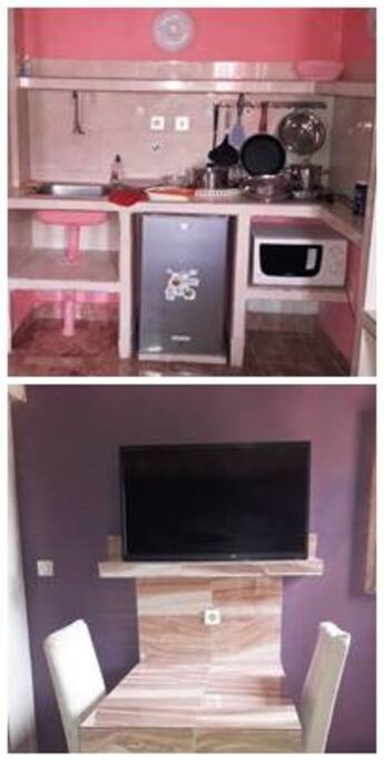 FULLY FURNISHED Kitchen PERFECT for Vegan/Vegetarian/Gluten Free folks that Prefer to Make their Own Meals! Work/TV/Dining Area with 2 chairs, ITALIAN MARBLE TABLE!