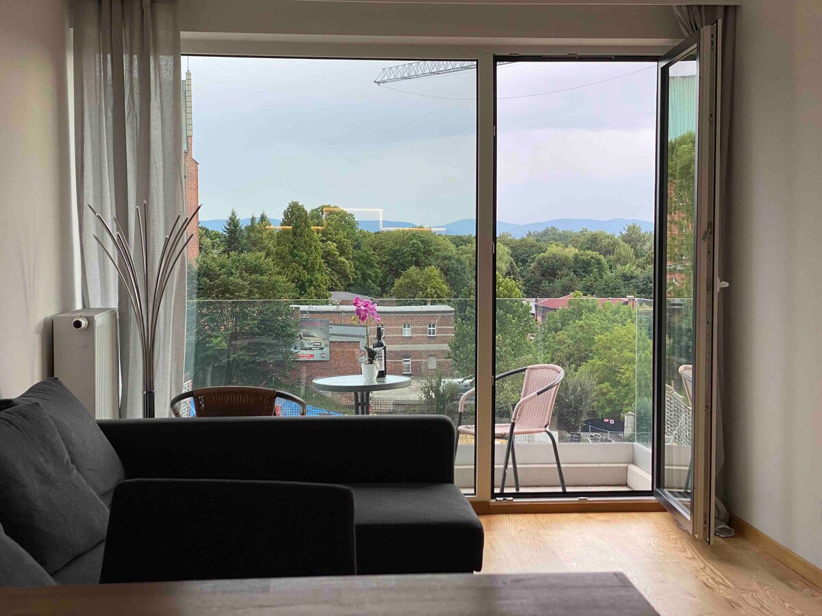 A spacious living area features a comfortable sofa positioned toward large sliding glass doors, which open to a balcony. The balcony offers a table and two chairs with a view of lush greenery in the distance, enhancing the natural light in the room.