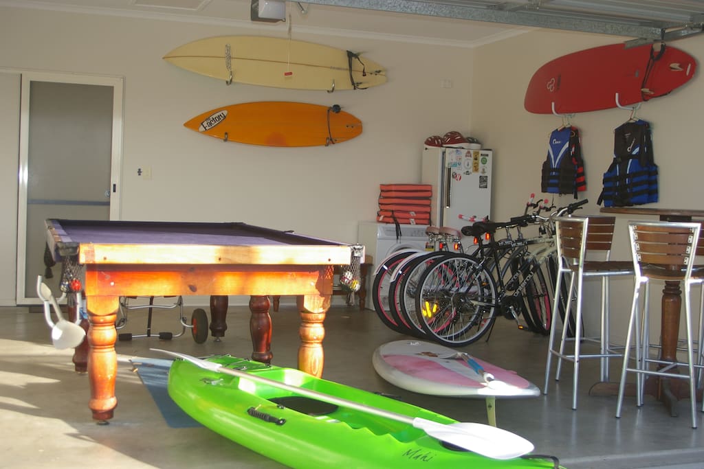 Bikes & Helmets, surf boards, SUP, kayak & life jackets, Pool Table.......all the toys you could want