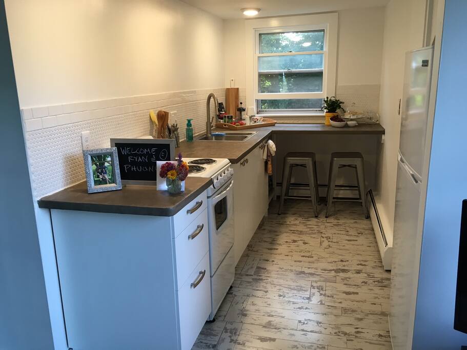 Brand new kitchen with cement countertop.