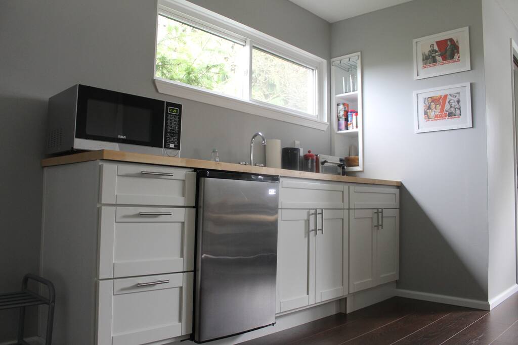 Kitchenette with a fridge, microwave and toaster oven