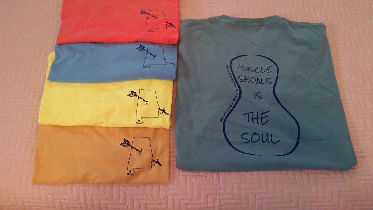 "Muscle Shoals is the Soul" TShirts available in short and long sleeve at World Famous Muscle Shoals Music House – private room in Sheffield