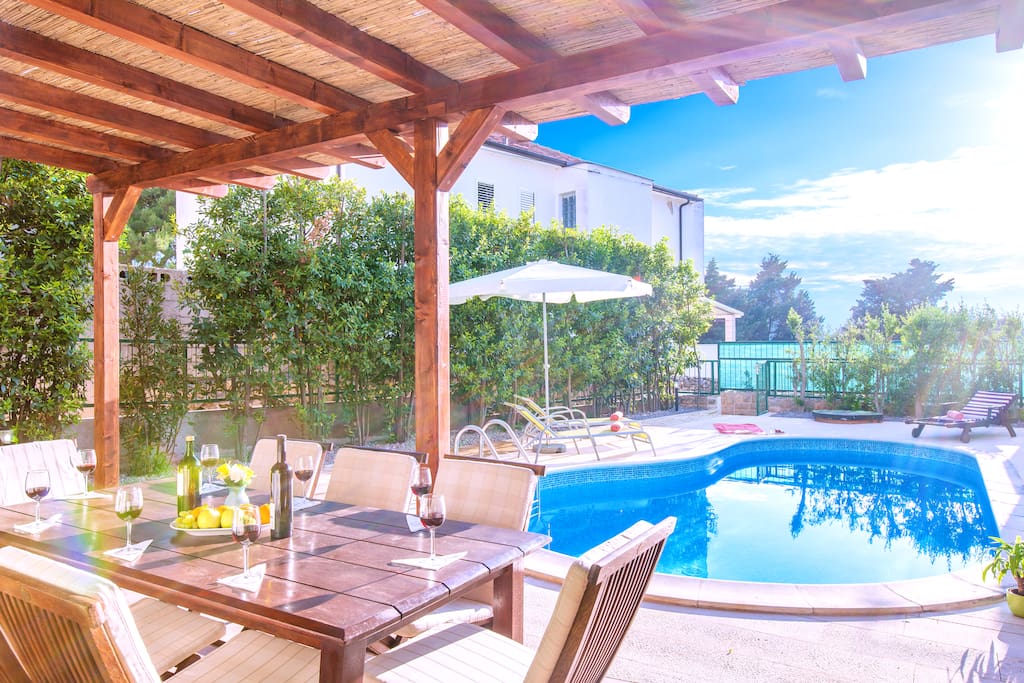 Villa MARE, Hvar town, Hvar island, sunset by the private swimming pool
