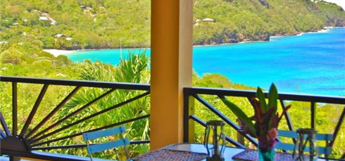 A breezy outdoor dining space is showcased, featuring a table set for meals and surrounded by tropical greenery. Coastal views extend across Lower Bay, with the turquoise water blending into the lush hillside backdrop. Bright flowers add color to the scene, enhancing the inviting atmosphere.