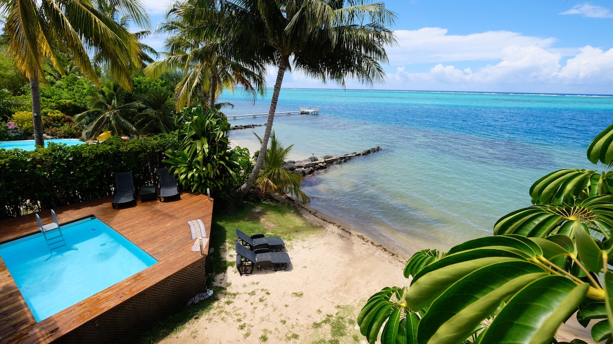 A private pool is situated on a wooden deck beside a sandy beach, with sun loungers placed nearby. Lush palm trees frame the scene, leading to a calm lagoon with a small dock visible in the distance under a clear blue sky.