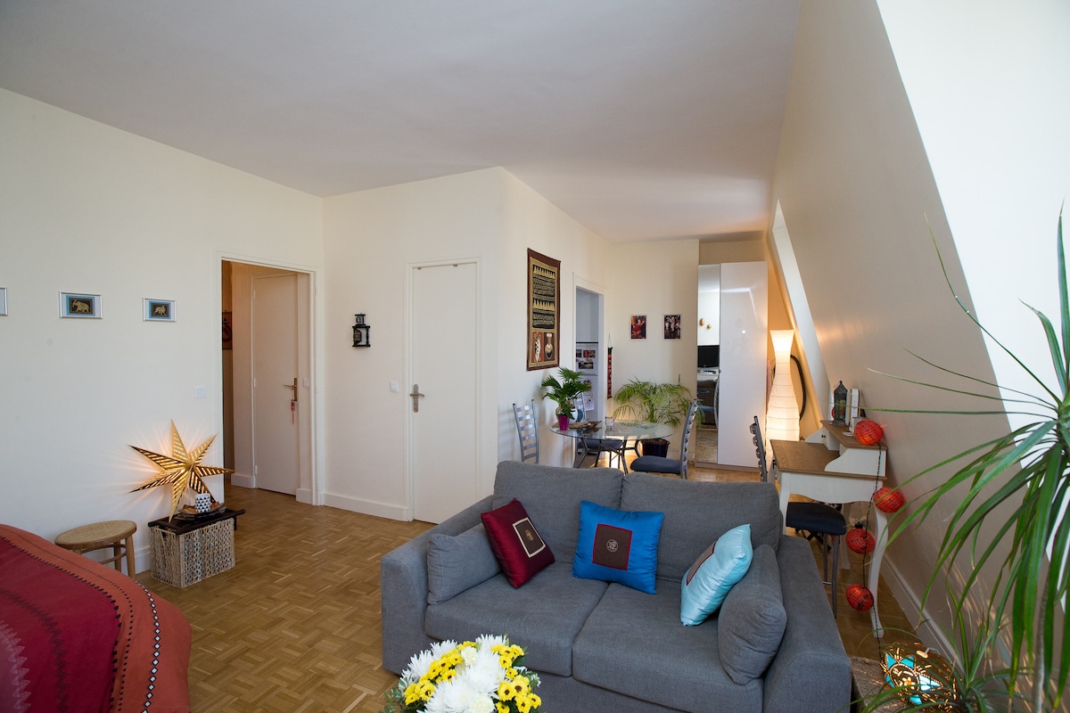 The bright studio features a spacious living area with a gray sofa accented by colorful cushions. Decorative elements include a star-shaped lamp and indoor plants. The layout reveals doorways to separate rooms, creating a welcoming and open atmosphere throughout the space.