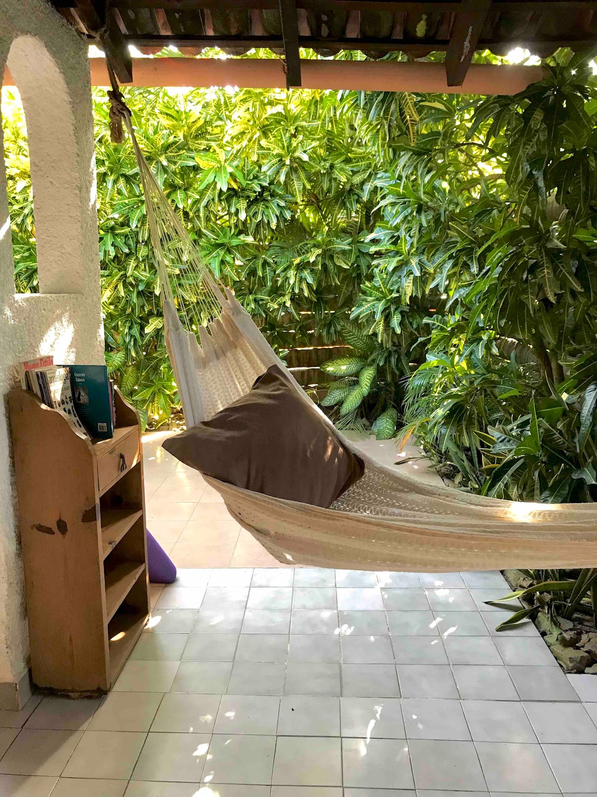 A cozy hammock is suspended in a vibrant green outdoor space, surrounded by lush plants. A soft pillow rests in the hammock, and a wooden bookshelf is positioned nearby, adding functionality to the tranquil setting.