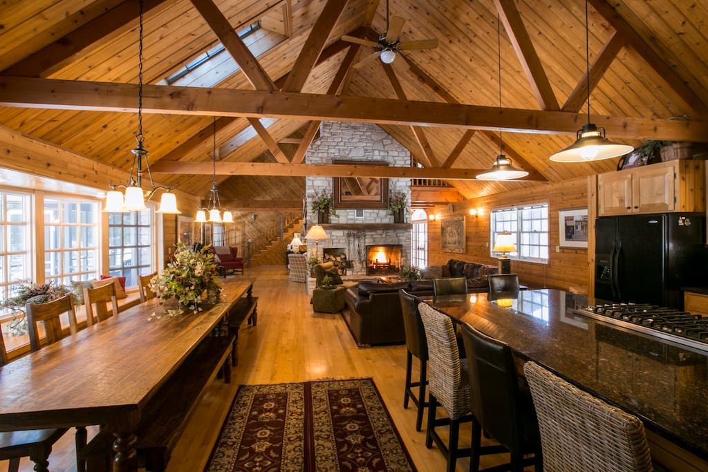 Great room view from the kitchen. Skylights, beams, 14-foot table!