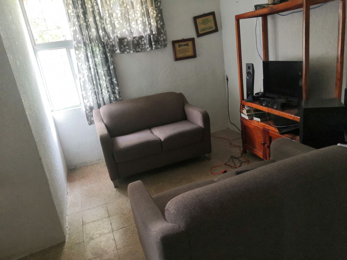 A compact living area features two grey sofas facing each other. Natural light enters through a window adorned with sheer curtains. A wooden entertainment unit holds a television, while framed artworks are displayed on the walls, adding character to the space.