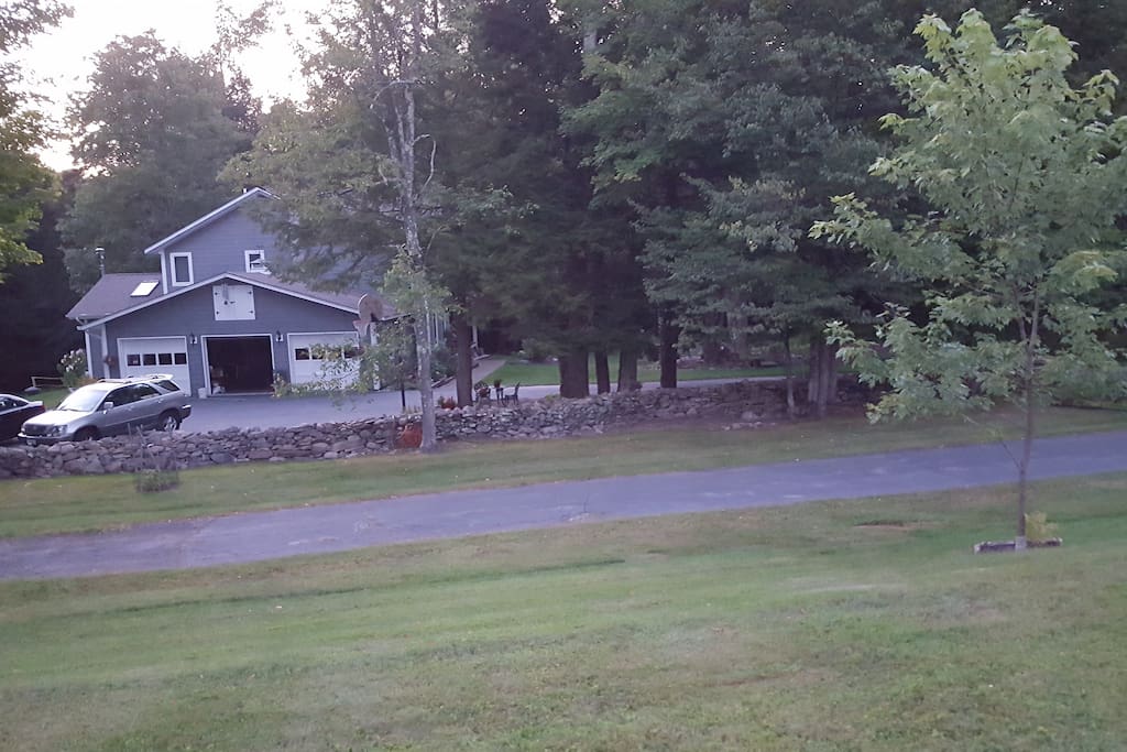 Partly up hill on side of house. The paved area between grass is the other side of our circular drive