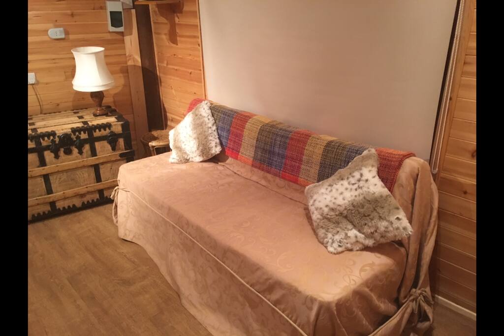 Bed-sit lounge, sofa converts to 2 singles or a double.
Sprung, deep cushions
I'm told it's comfy!
Electricity, wifi