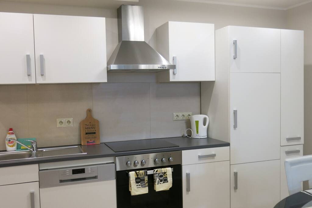 Kitchen with stove, oven, dishwasher, fridge