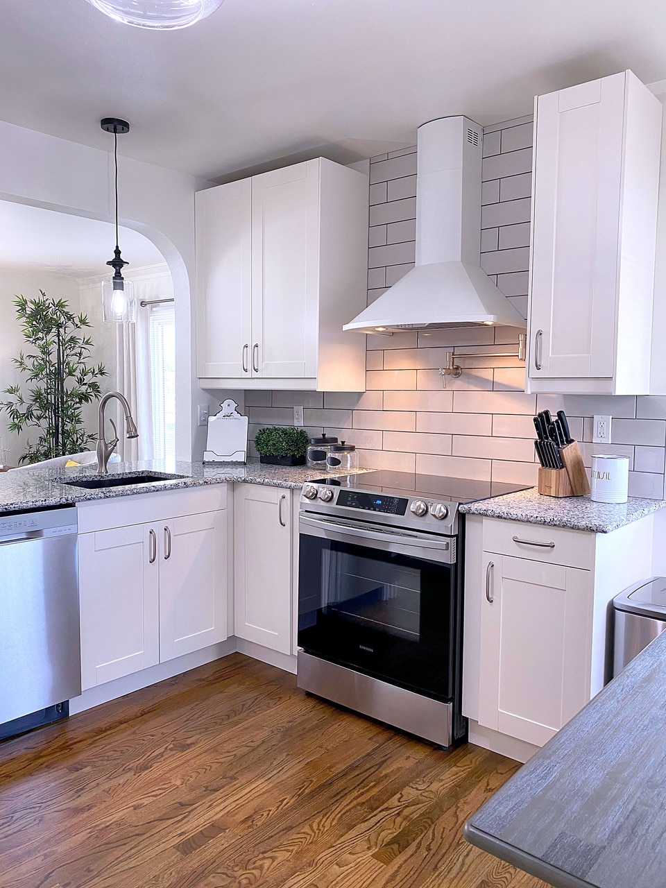 A modern kitchen features sleek white cabinetry and granite countertops. Stainless steel appliances include an oven and a dishwasher. An elegant hood fan is positioned above the stove, with decorative utensils displayed nearby. Natural light brightens the space, complemented by indoor greenery.