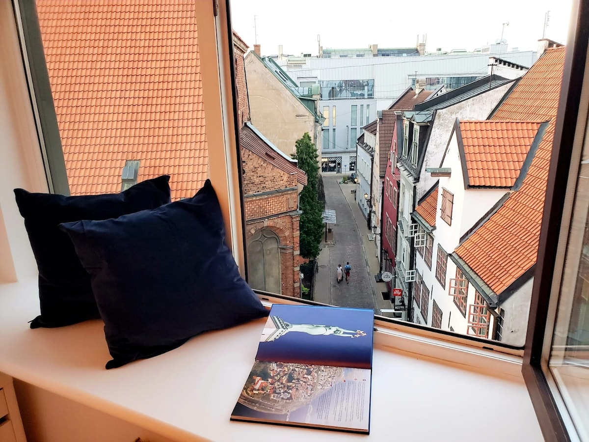 A corner window offers a view of a charming cobblestone street lined with historic buildings. Two dark pillows are situated on the windowsill, alongside an open book featuring a scenic image. Natural light enhances the inviting space.