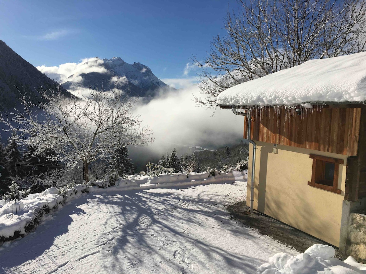 A snowy landscape showcases the traditional wooden chalet amid the mountains. Icicles hang from the eaves, and a tree stands in the foreground. The scene is framed by clouds and mountain peaks in the background, creating a serene winter atmosphere.