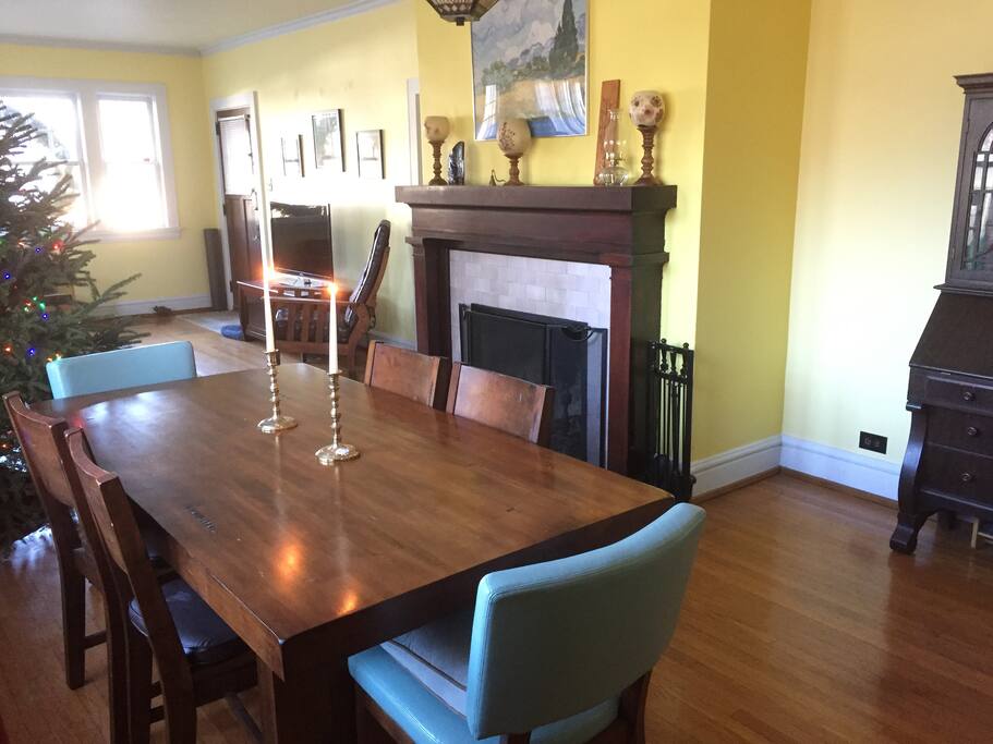 Dining room and fireplace.
