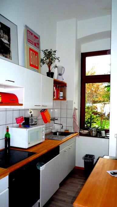 Herd, Ofen, Mikrowelle und Blick in den Garten