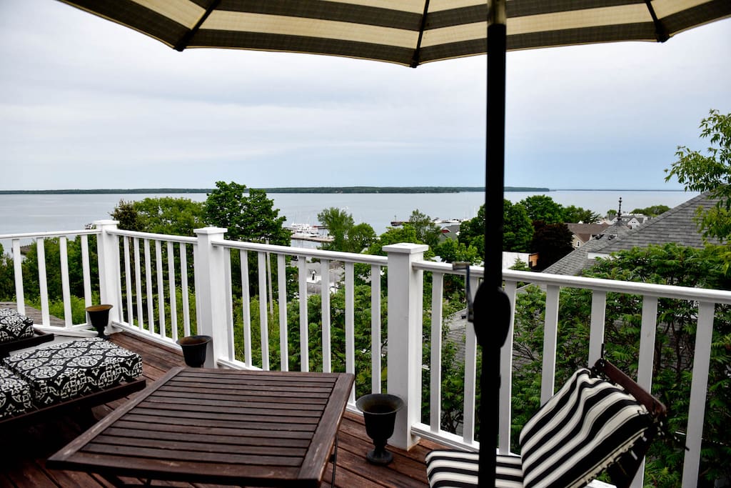 Veranda overlooks town of Bayfield, Madeline Island, and beautiful lake Superior.