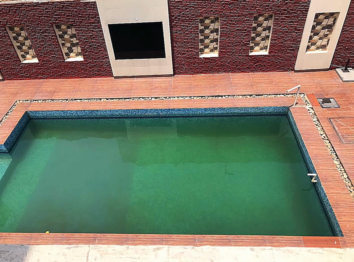 A rectangular pool is featured in the image, surrounded by a wooden deck. The water appears clear but slightly tinted, with poolside tiles visible. The wall behind the pool displays a textured design, contributing to the modern aesthetic of the space.