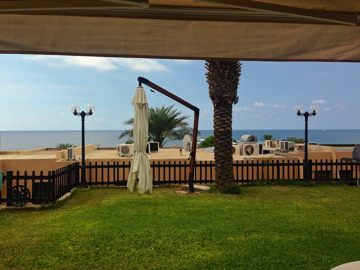 An outdoor space features a lush green lawn, framed by a wooden fence. A tall palm tree and light fixtures stand near the edge, while a white umbrella rests beside them. In the background, air conditioning units are visible against a clear sky and the sea.