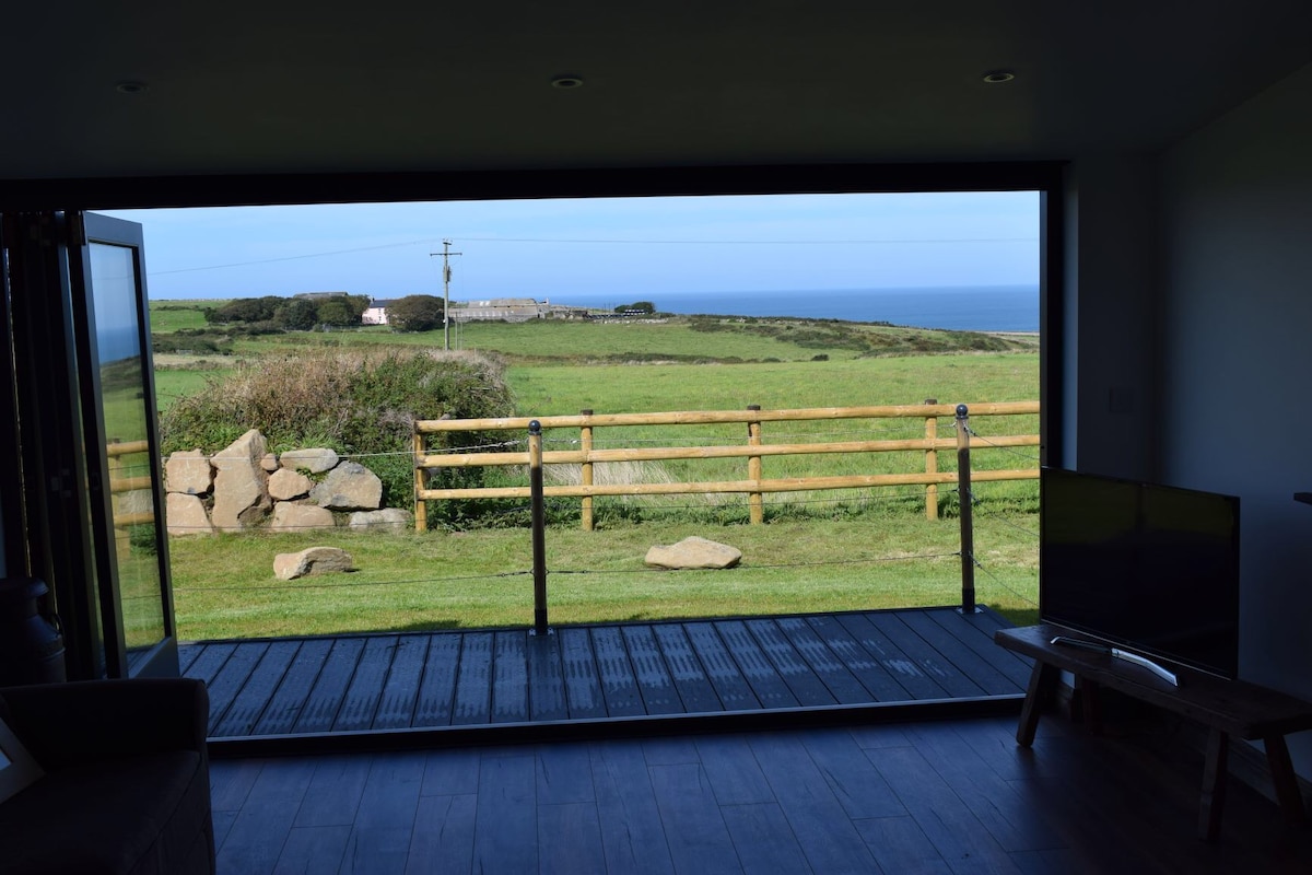 A large glass doorway frames a view of rolling green fields and the distant coastline. A wooden railing encloses a deck area, while a TV is positioned on the floor nearby. Natural light floods the interior, enhancing the open atmosphere.