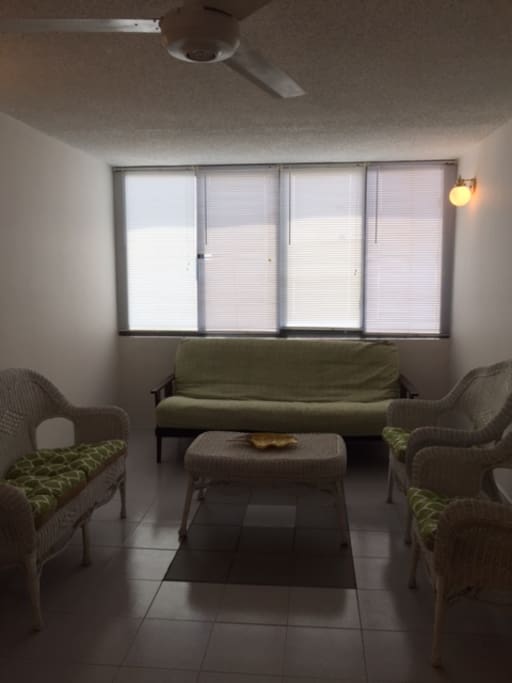 View of living room from dining/kitchen area.