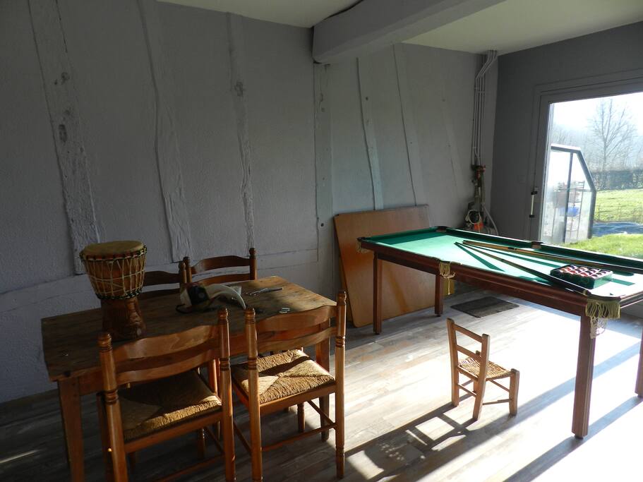 salle de jeux, avec billard; table de ping-pong sous abri extérieur