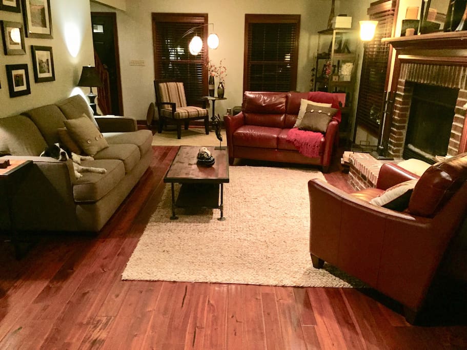Living room with wood burning fireplace, 60 HD TV - Blue Ray with 100’s of Blue Ray movies!
