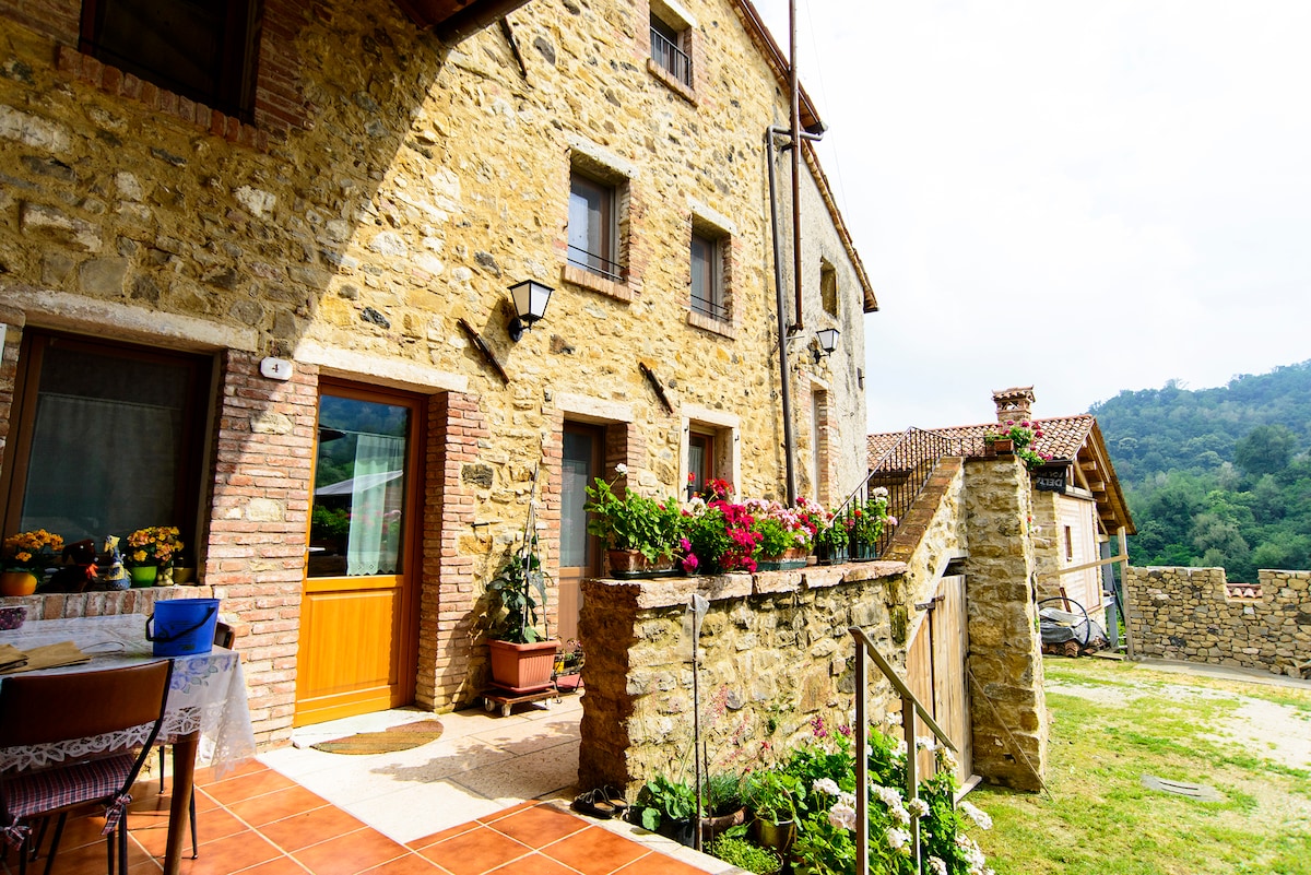 An exterior view of a rustic stone building features a welcoming entrance with a wooden door. Flowers in pots add color to the stone walls, while a small patio area is equipped with a table and chairs. Green hills are visible in the background.