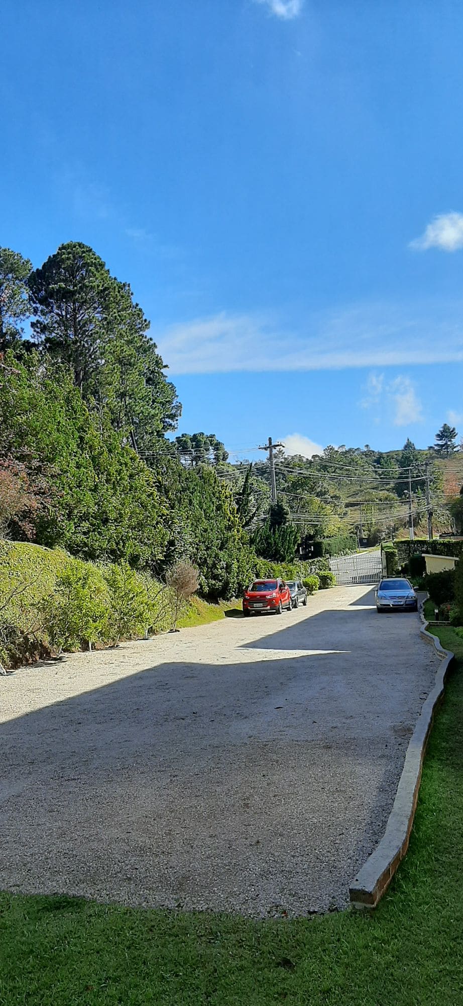 A tranquil driveway lined with greenery leads to a residential area. Two parked cars are visible under a clear blue sky, with trees framing the scene. The sunlight casts shadows along the gravel path, highlighting the peaceful ambiance of the location.