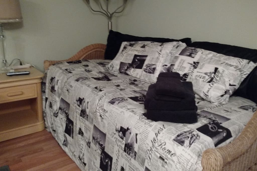 Day bed with pull out Mattress. Can add two air mattresses and/or Pac n Play but room is small