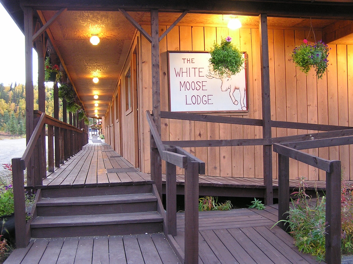 A wooden walkway leads to the entrance of the White Moose Lodge, surrounded by potted plants and hanging floral arrangements. Soft lighting illuminates the porch, emphasizing the lodge's rustic charm and inviting ambiance. The lodge's logo is prominently displayed on a wooden sign.