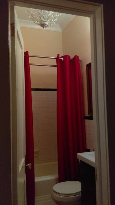 Bathroom showing chandelier