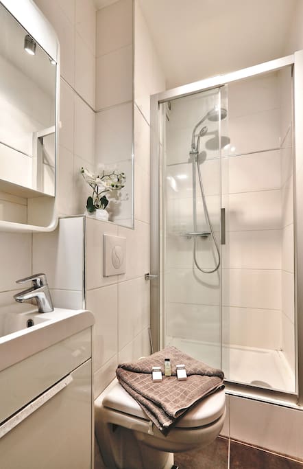 Bathroom with shower and toilet. Hair dryer available.