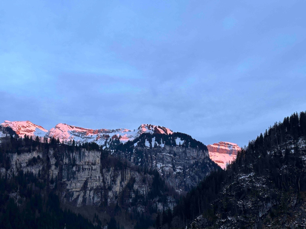 Majestic Swiss Alps are depicted in soft morning light, with snow-capped peaks and sloping valleys. The rugged cliffs are interspersed with patches of trees, creating a natural contrast against the early dawn sky.