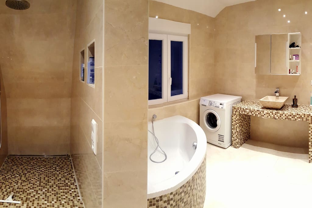 Bathroom with corner bathtub and seperate rainforest shower